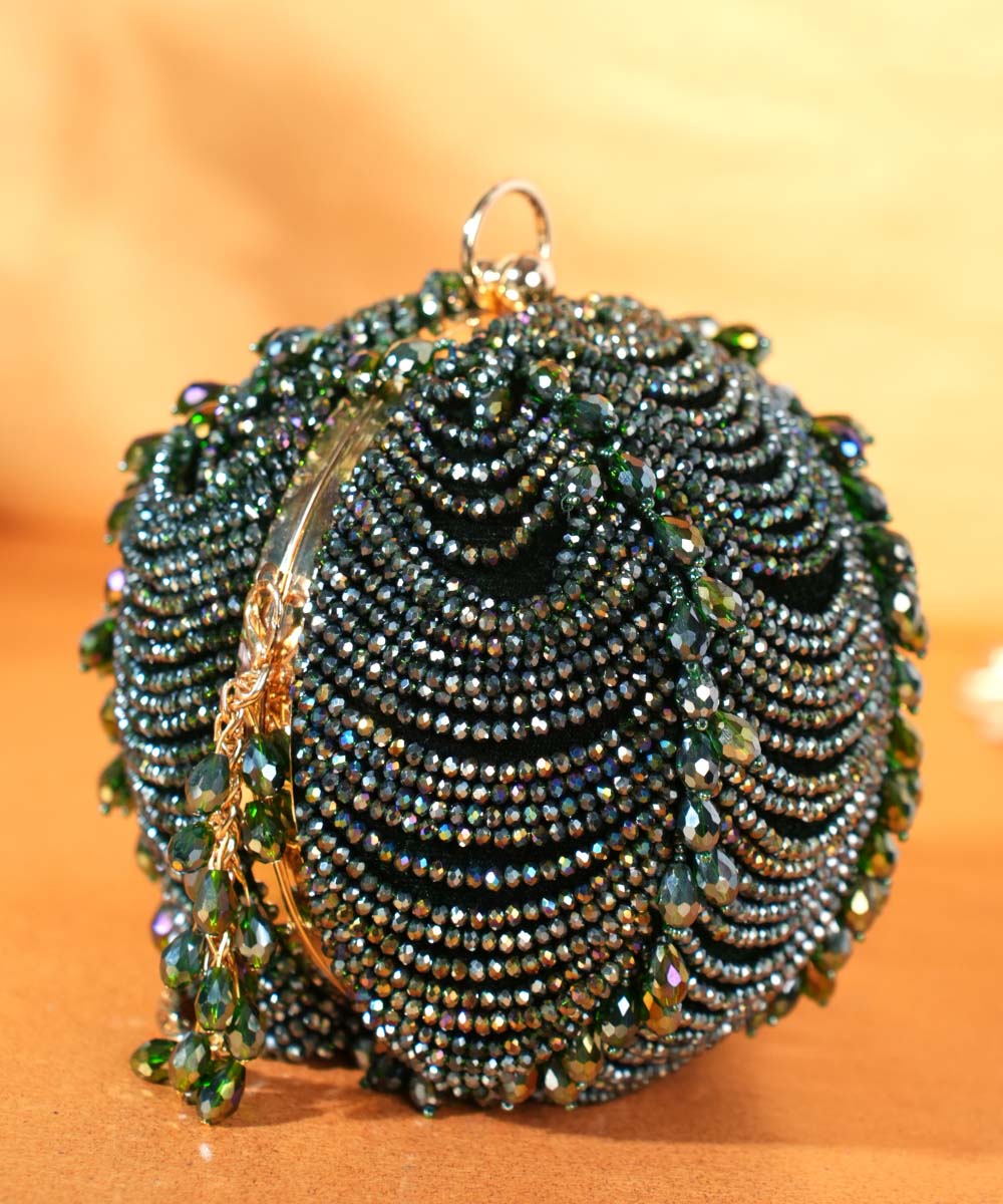 Velora Green Suede Embellished Round Bag