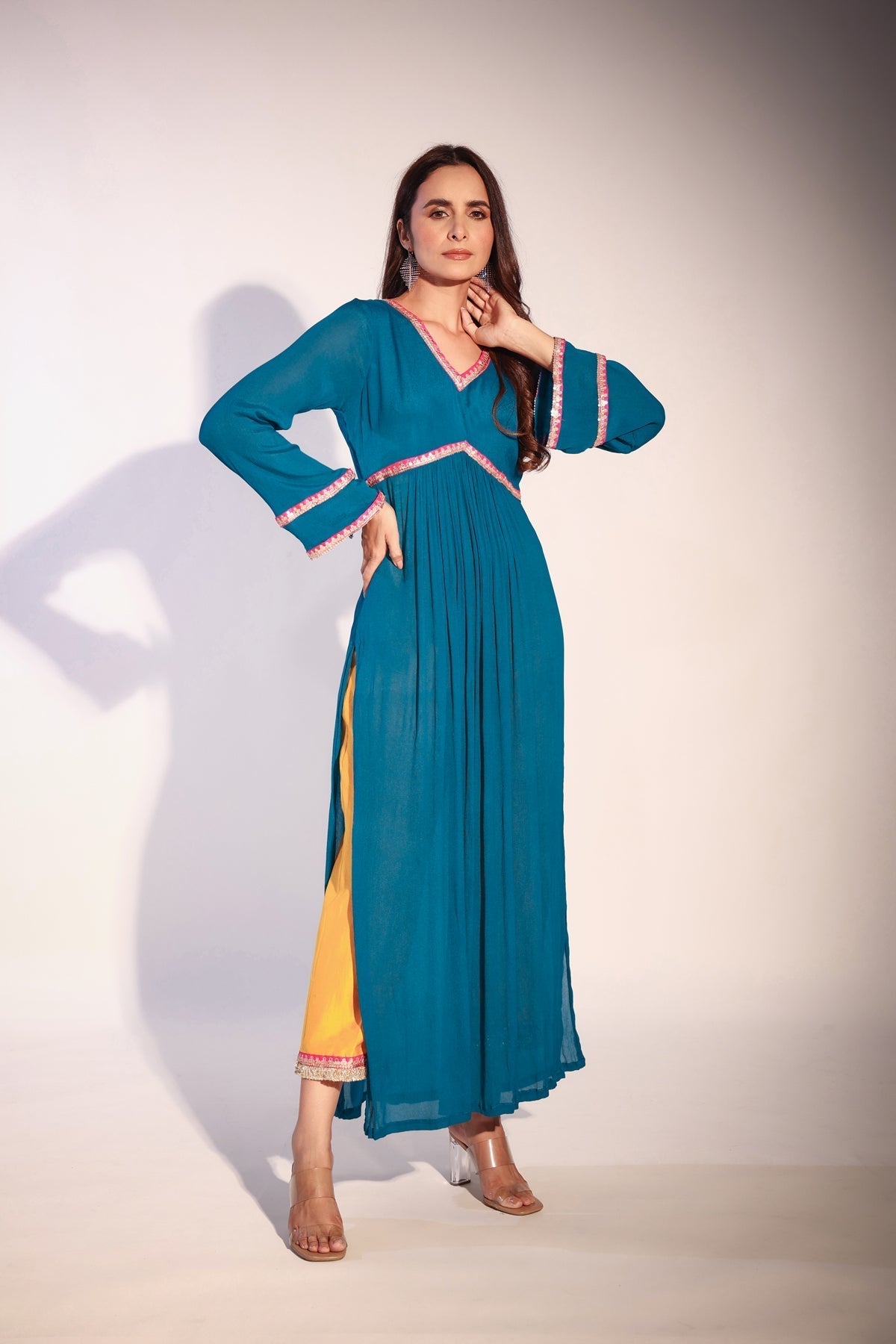 Image of Haseena Teal blue and bright mustard color block kurta pant set