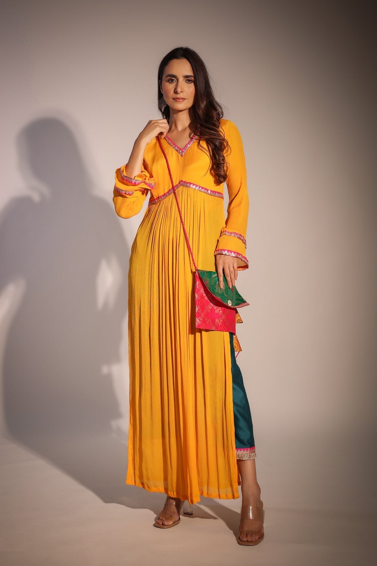 Image of Haseena  mango yellow and bottle green color block kurta pant set