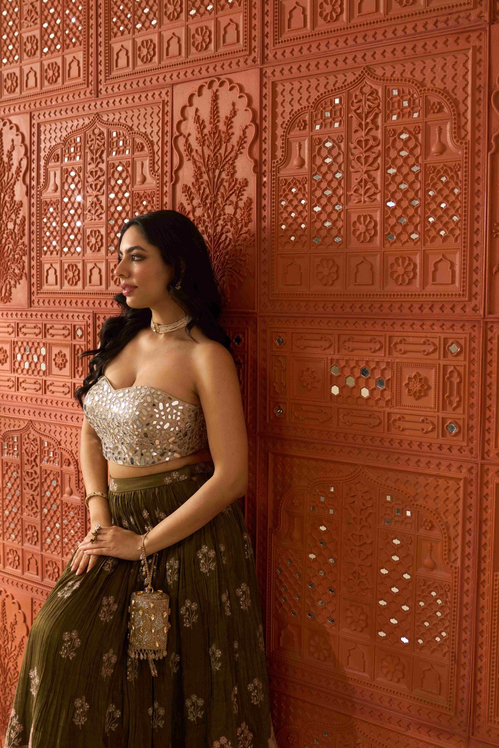 Sheesh Mahal Olive Skirt Set