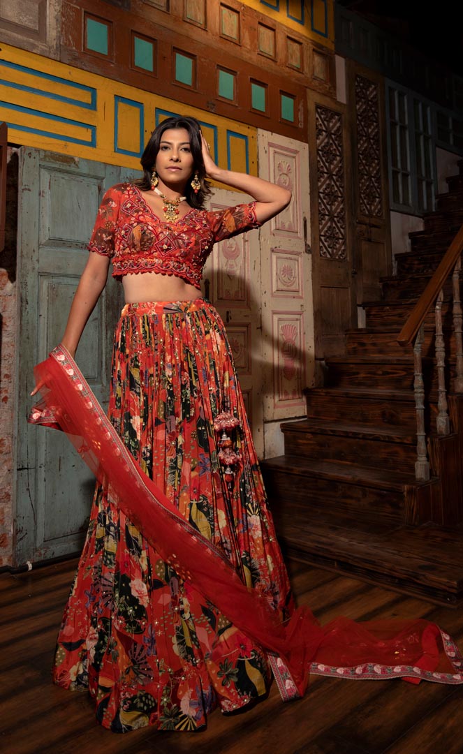 Rust Viscose Hand Crafted Lehenga Set