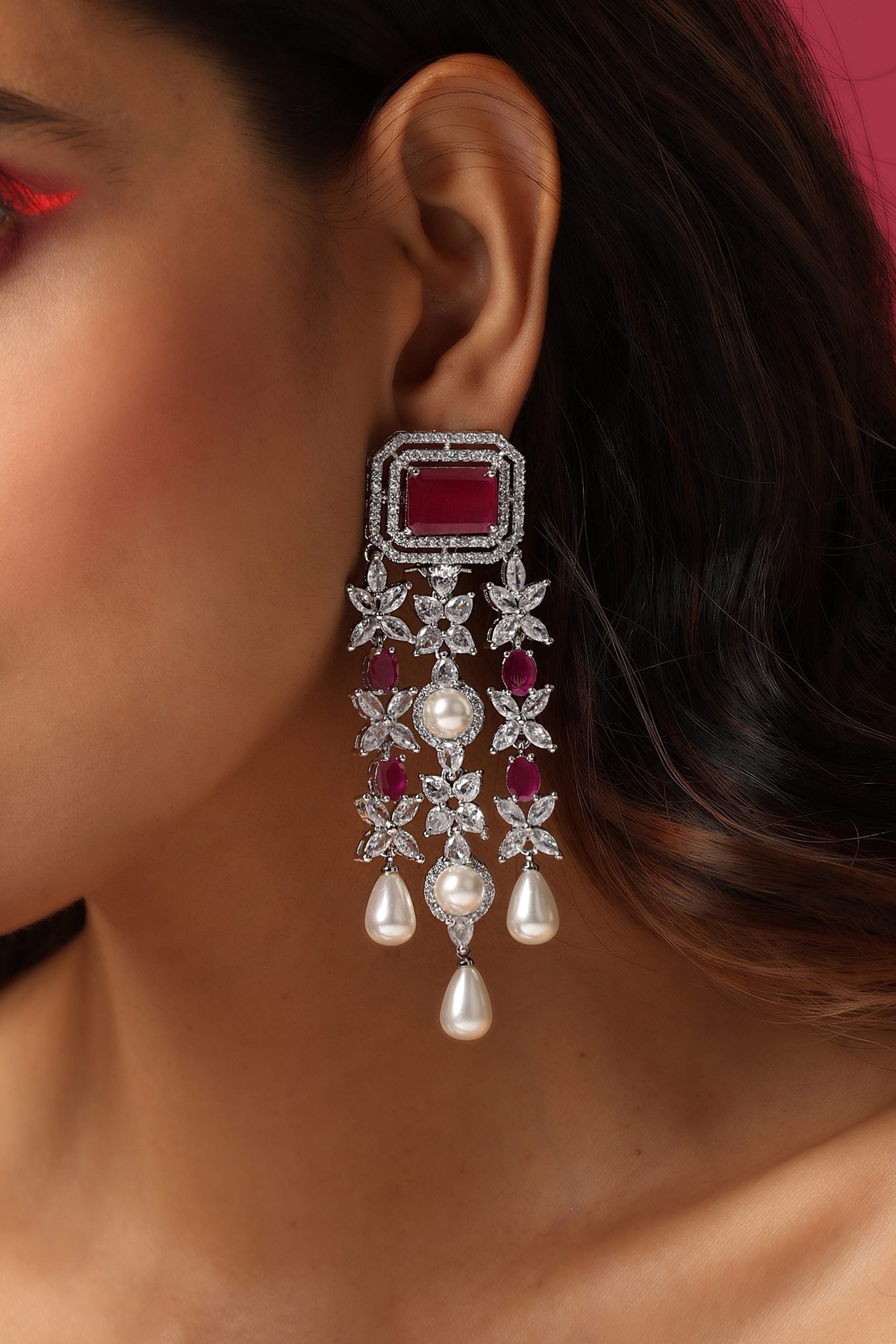 Red Silver Tone Zirconia and Pearl Dangler Earrings