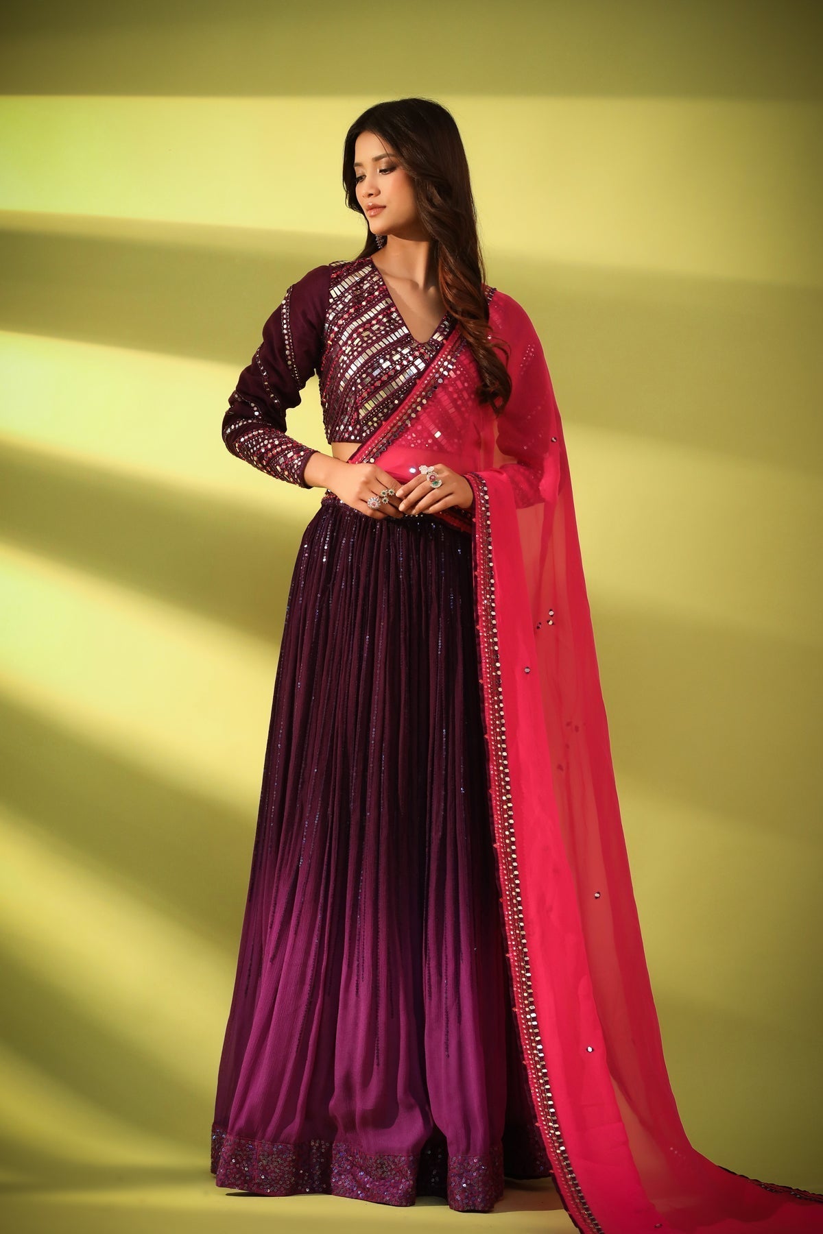 Image of Haseena mirror work lehenga in shades of aubergine and purple