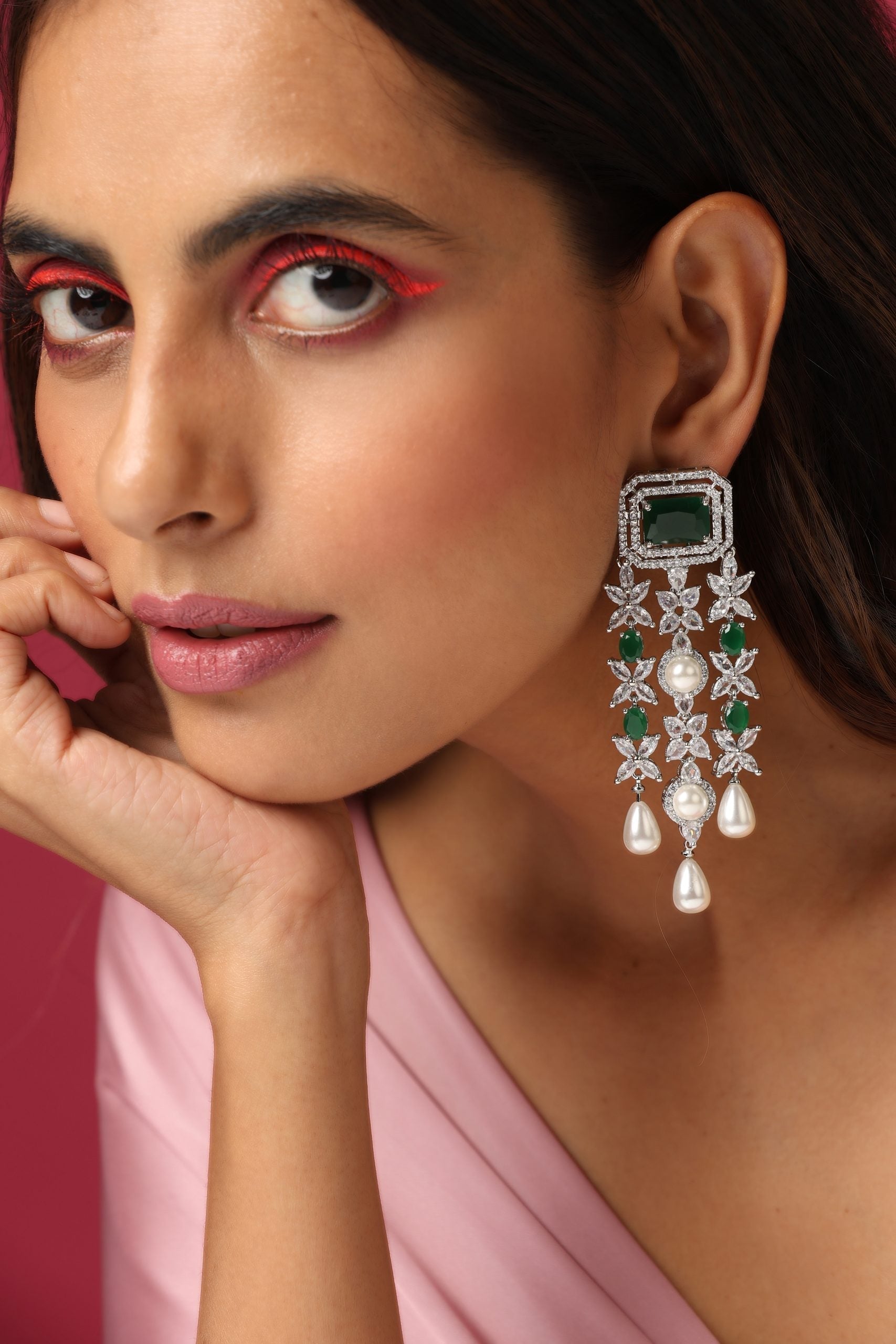 Green Silver Tone Zirconia and Pearl Dangler Earrings