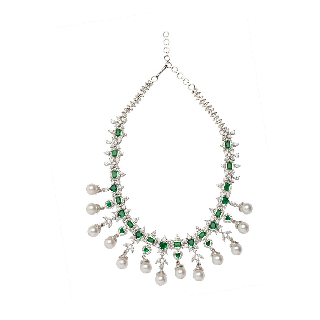 Vivinia By Vidhi Mehra Zia Silver Plated Green Womens Emerald Synthetic Zircon Necklace Set with Pair of earrings VN420