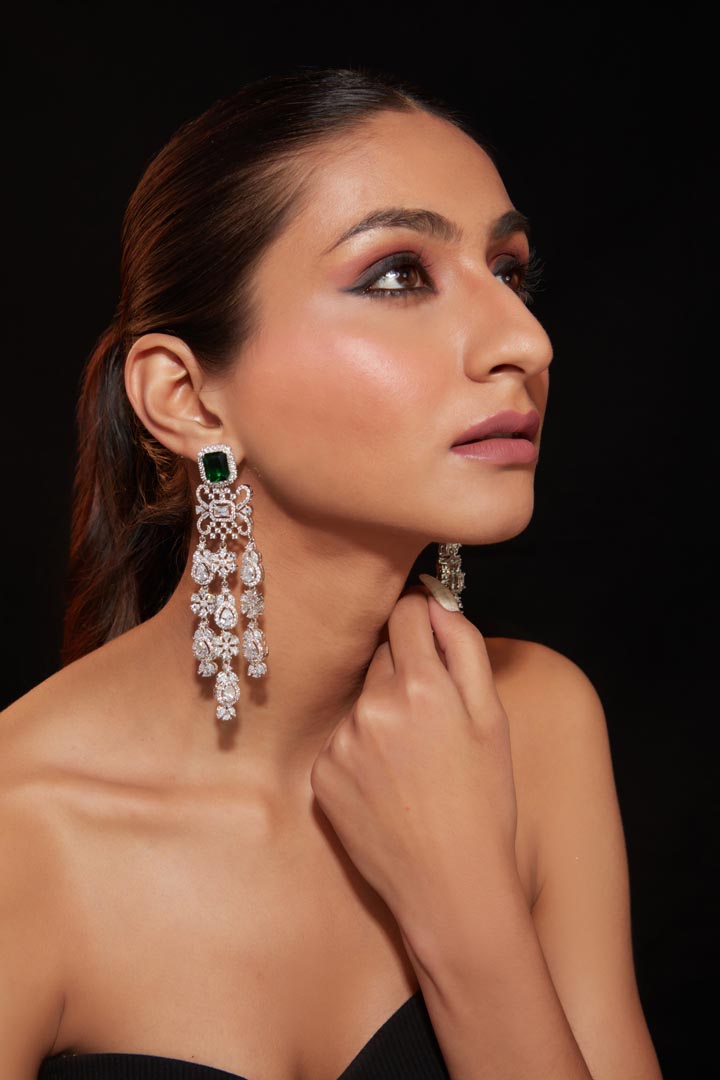 Vivinia By Vidhi Mehra Zia Silver Plated Green Womens Emerald Synthetic Zircon Pair of Earrings VE336