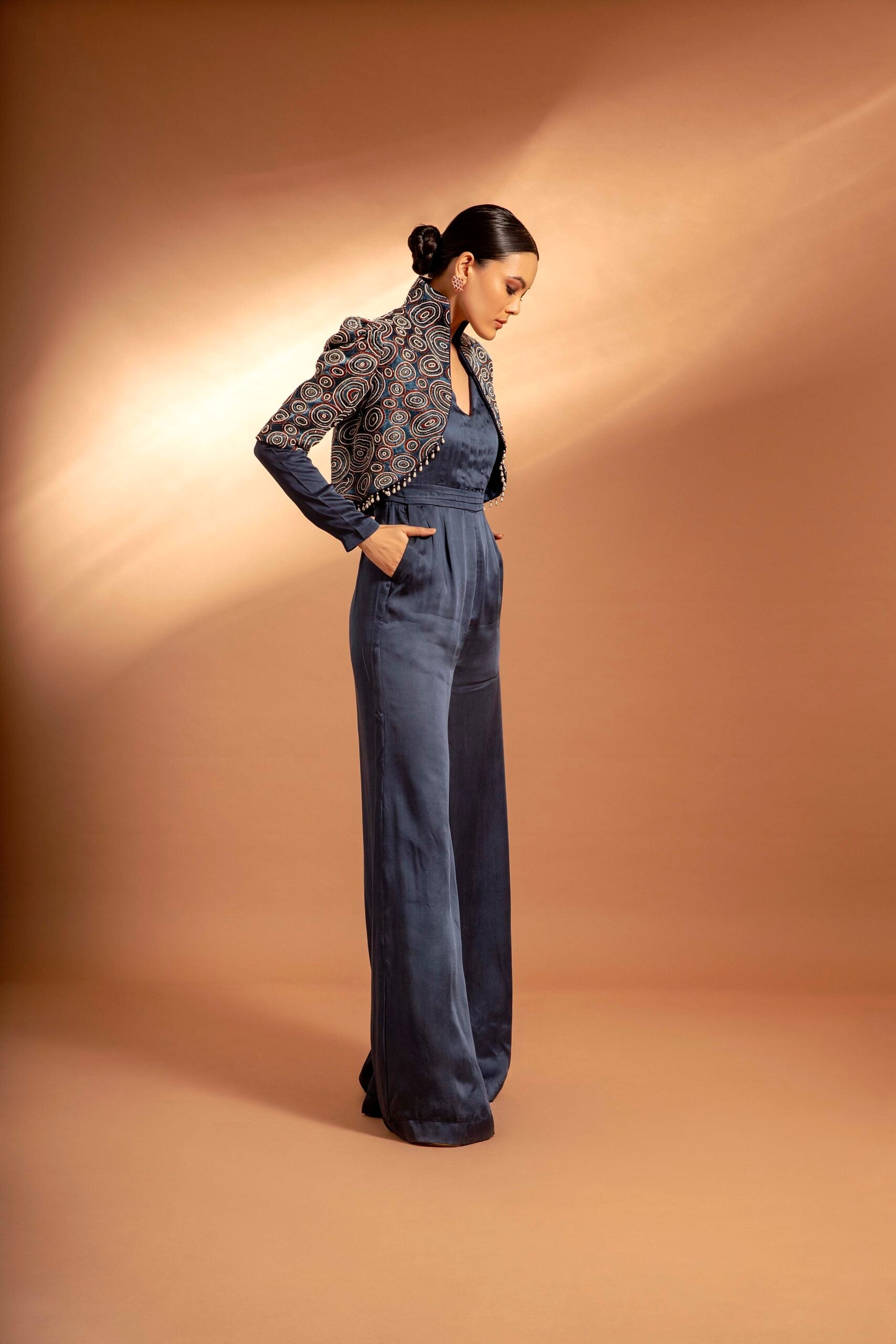 Blue fully handcrafted ajrakh jacket with Blue jumpsuit