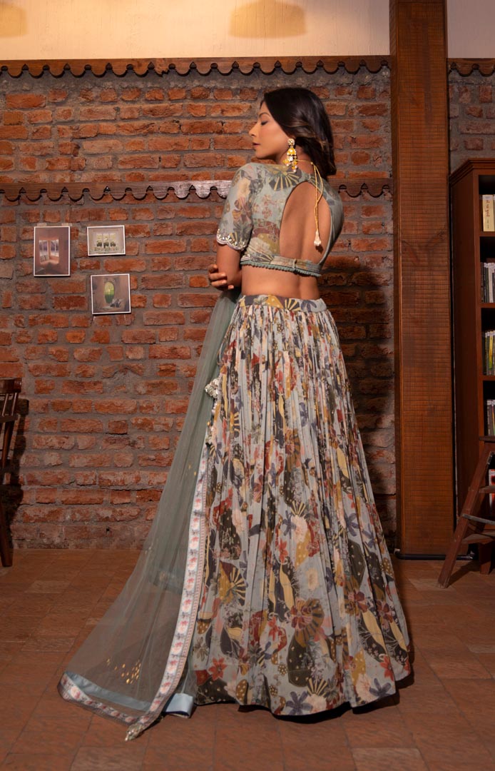 Grey Printed & Embroidered Lehenga Set