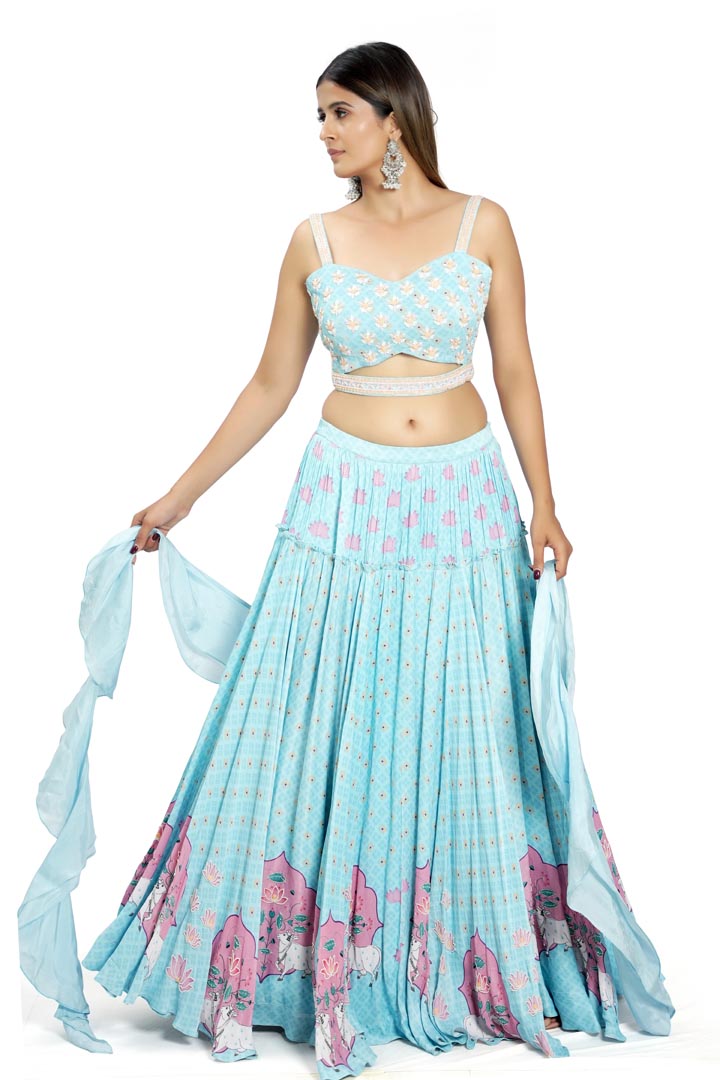 Sky Blue Embroidered & Printed Lehenga Set