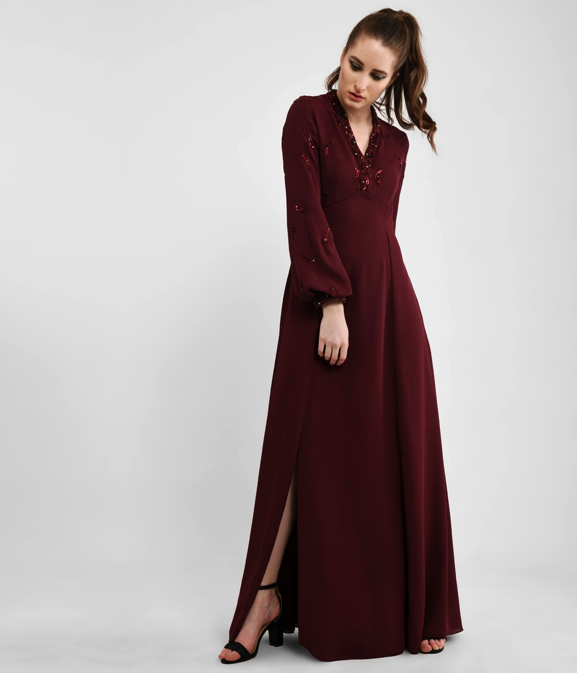 Classy Cranberry Hand Embellished V-neck Dress