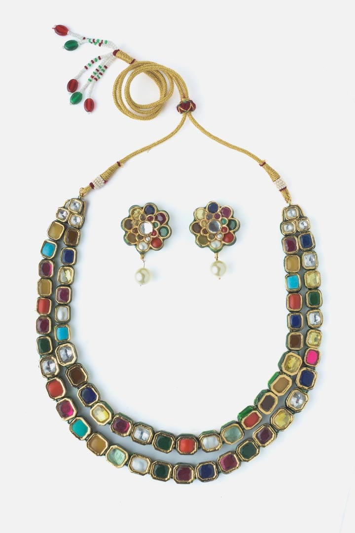 Vivinia By Vidhi Mehra Gold Plated Multicolored Womens Synthetic Stones Short Necklace Set with Pair of Earrings VN898