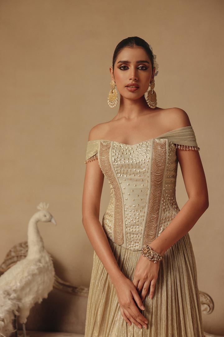 Gold Hand Embroidered Corset Pearl Lehenga