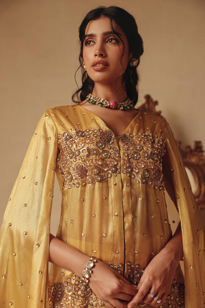 Yellow Shimmer Hand Embroidery Drape Sleeves Jacket