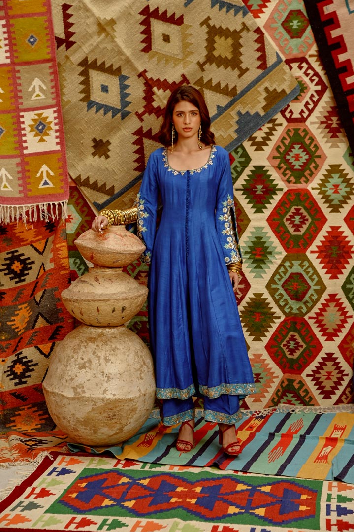 Image of Cobalt blue Slit sleeve Anarkali set with Multi colour Indi-leheriya  Dupatta