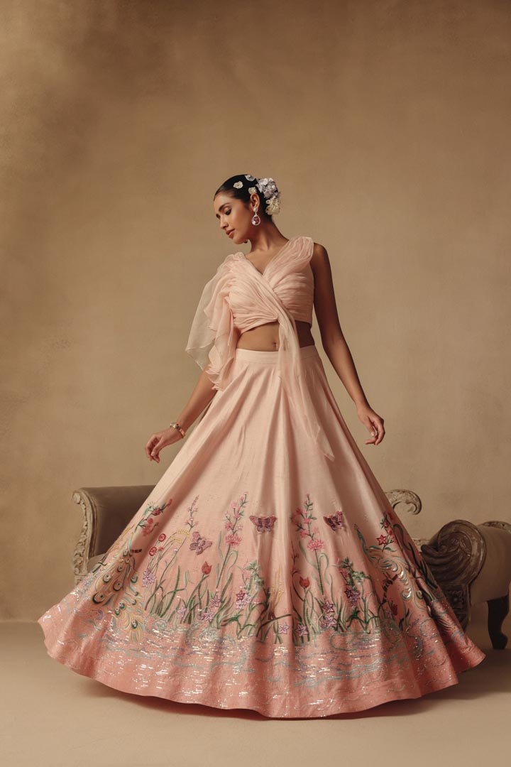 Pink Dreamy Hand Embroidery with Drape Blouse Lehenga