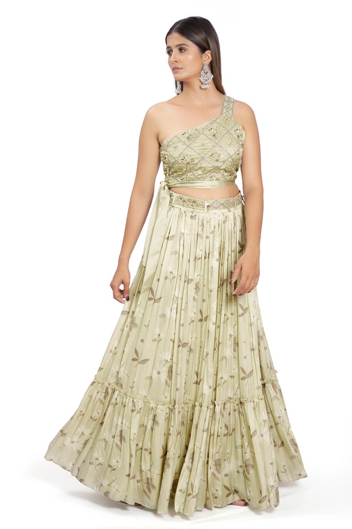 Pastel Green Floral Printed Lehenga Set