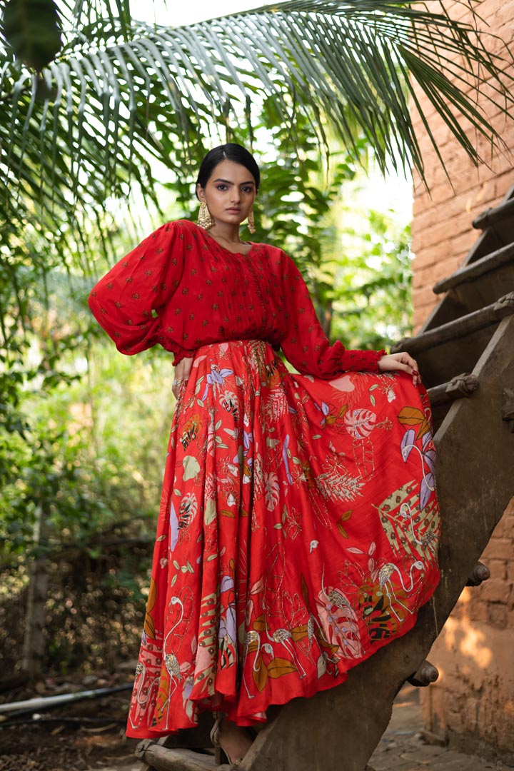 Red Embroidered Skirt Set