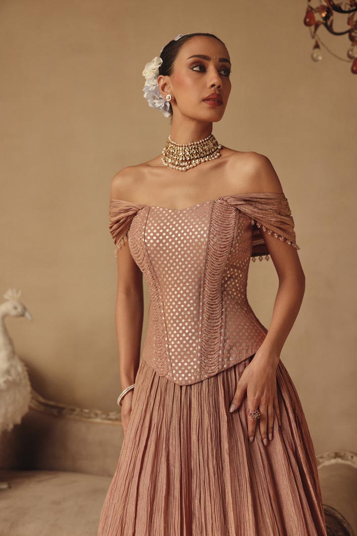 Pink Corset Pearl Drape Sleeves Lehenga