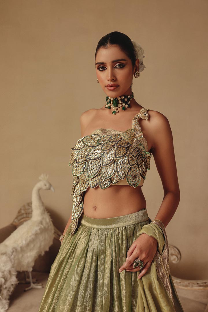 Green Peacock Hand Embroidery Lehenga