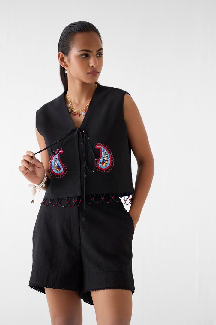 Sahara Night Paisley Embroidered Vest and Shorts Co-ord Set