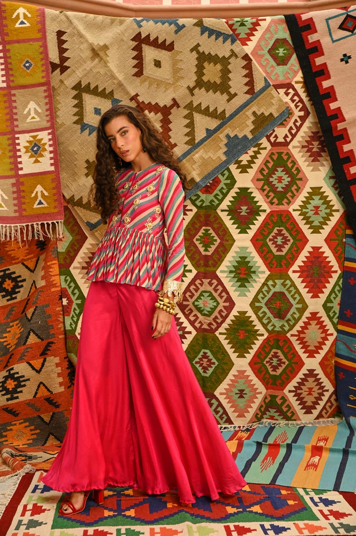 Image of Hot Pink  Indi-leheriya Metal bead Work short Tunic Set