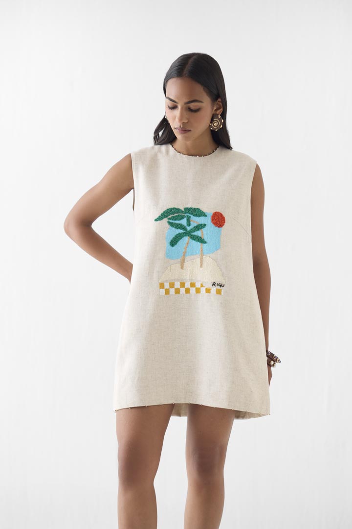 Sahara Day Short Linen Dress - Embroidered Luxury Evening Wear