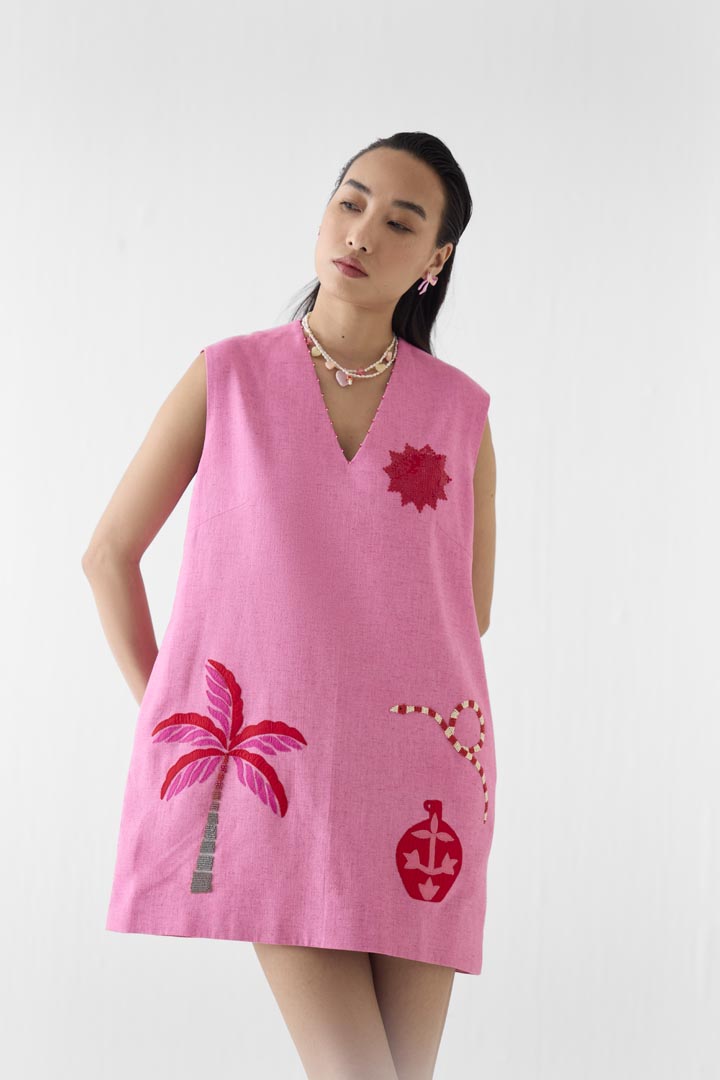 Pink City Hand-Embroidered Viscose Linen Short Shift Dress