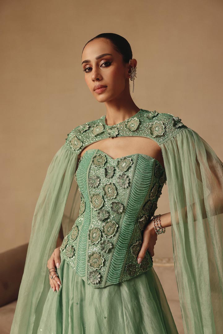Corset with Cape Dupatta & 3D flowers Hand Embroidery Lehenga