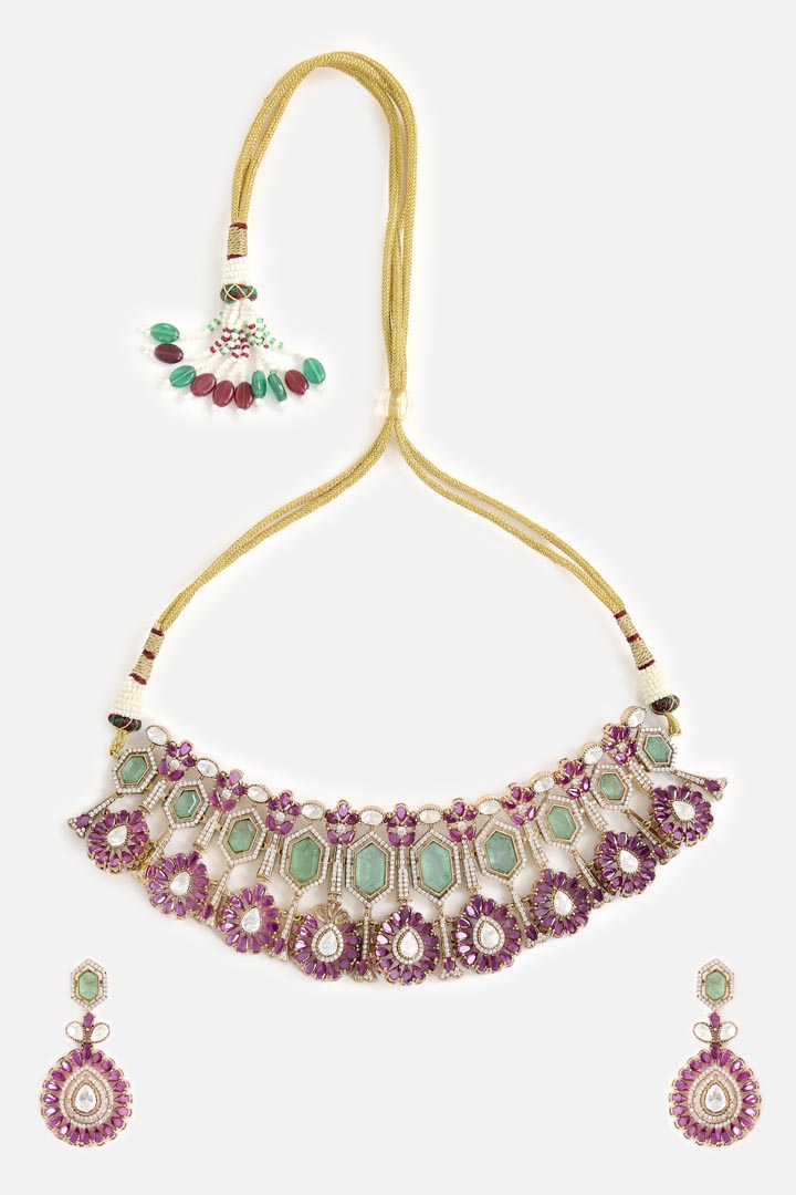 Gold-Plated Green & Pink Stone Choker Necklace Set