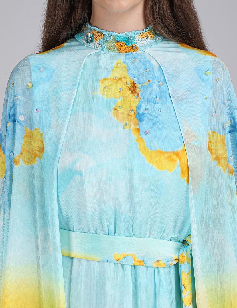Aurora Bloom Tonal Teal placement print dress