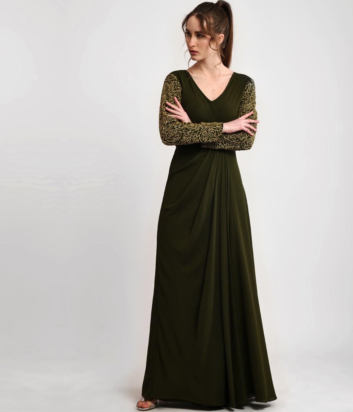 Deep Olive Green Embellished Draped Gown