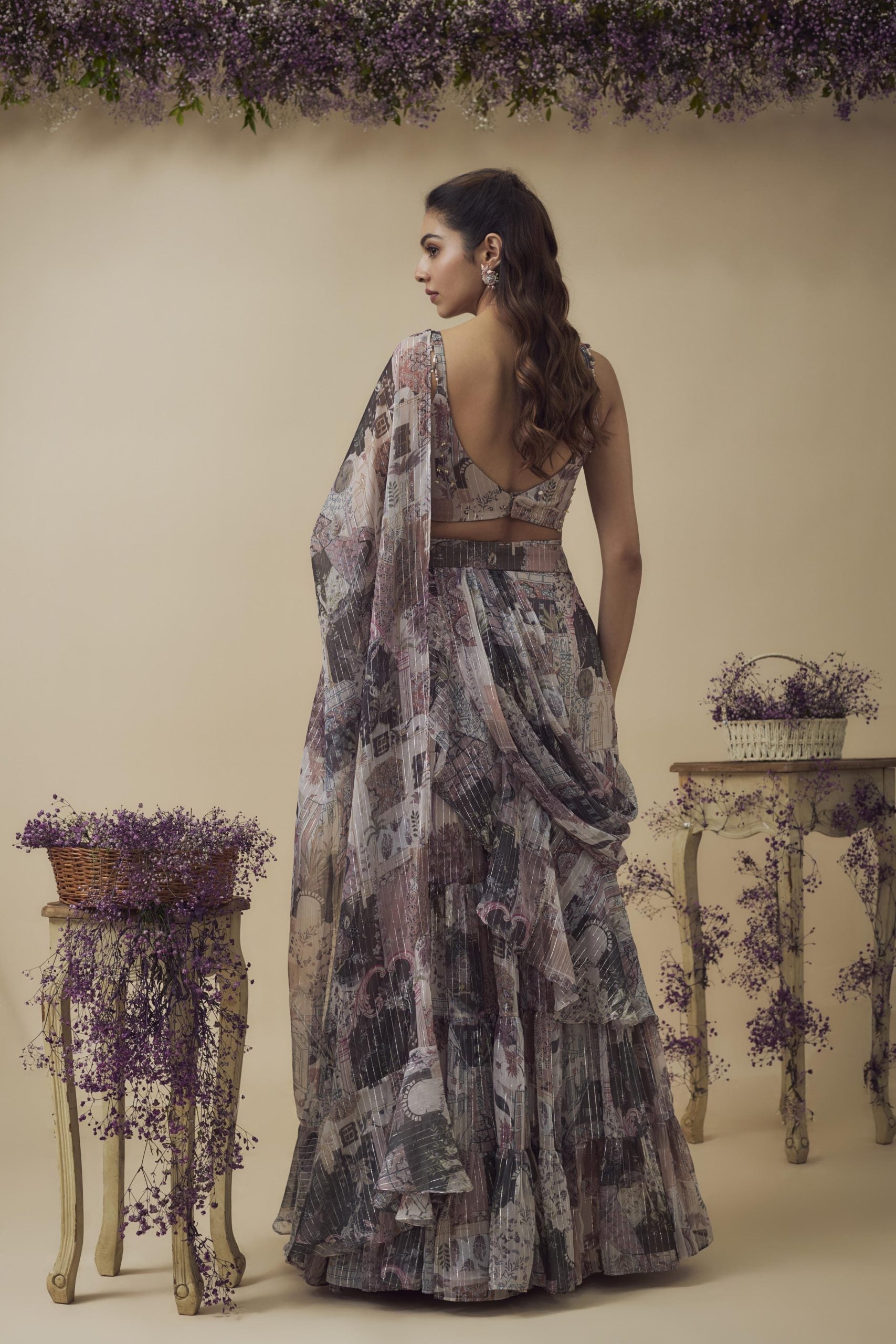 PRINTED HAND EMBROIDERED RUFFLE DRAPE LEHENGA SET