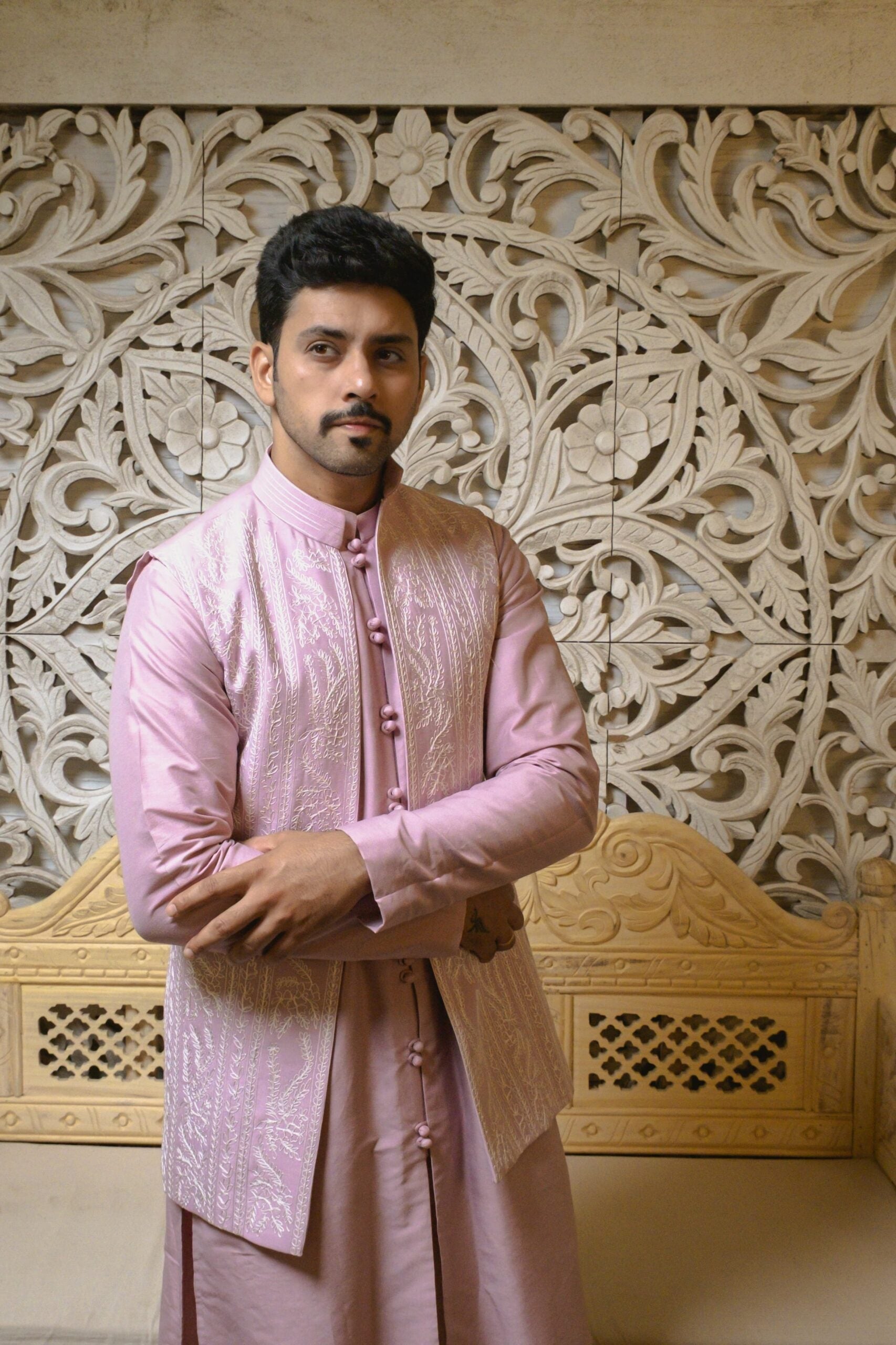 Pink kurta set with half jacket