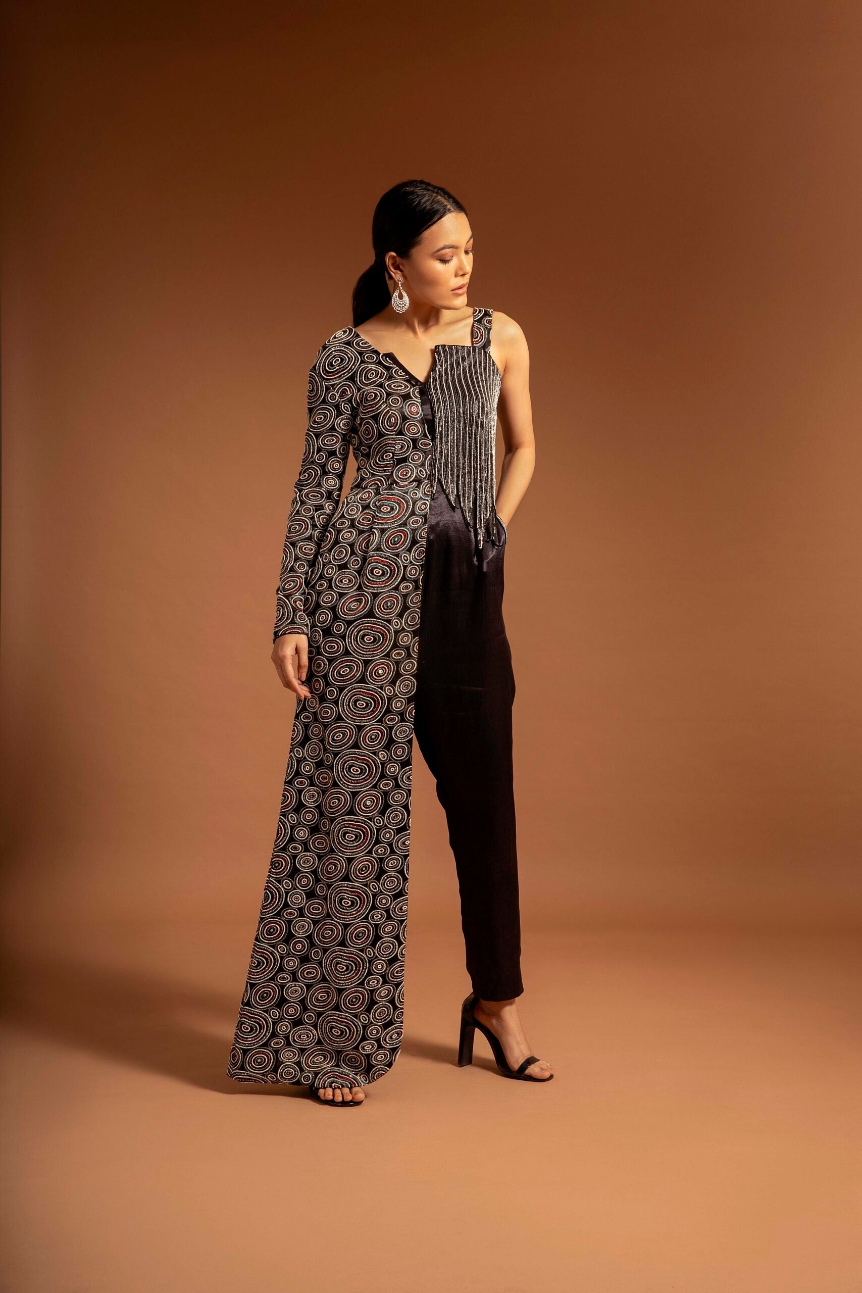 Black fully embroidered one flap ajrakh jumpsuit