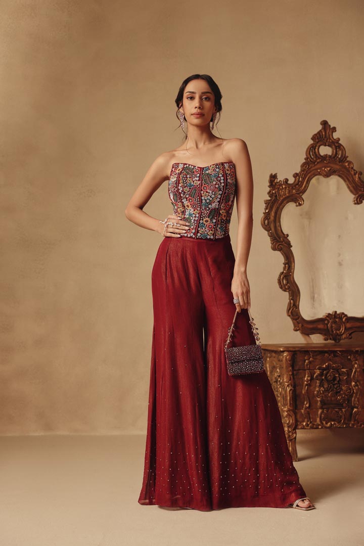 Wine Cape with Hand Embroidery corset along with Sharara pants