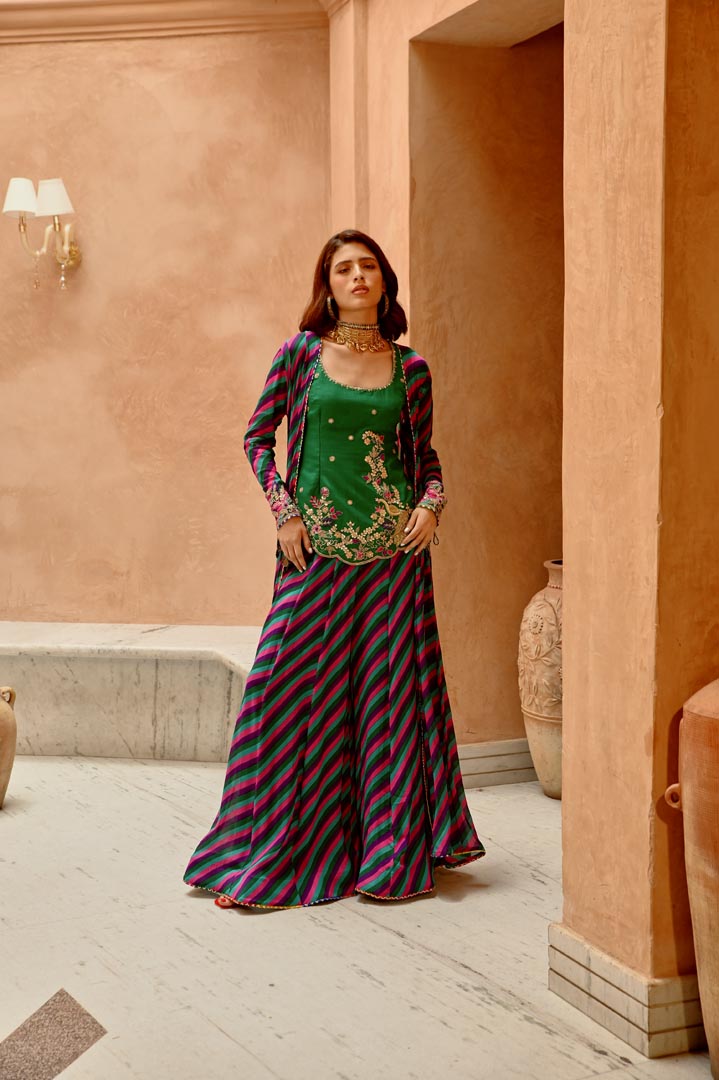 Image of Multi color Indie-leheriya magzi kali jacket and sharara with heritage kurti.