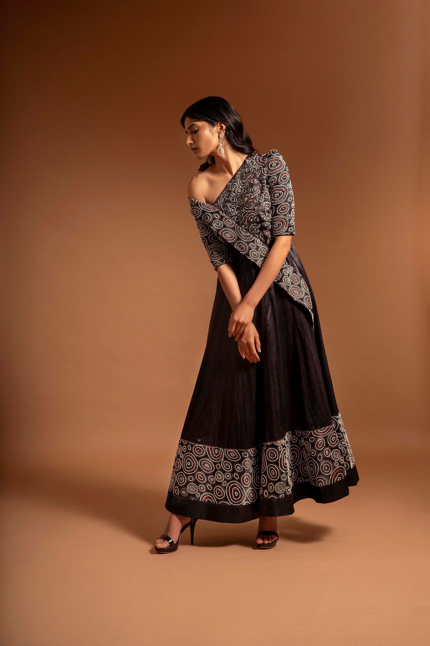 Black fully embroidered one off shoulder ajrakh anarkali