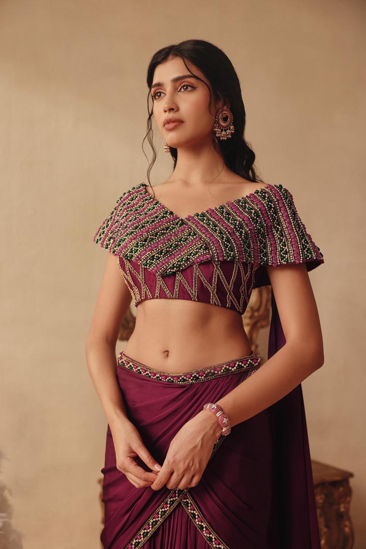 Wine Hand Embroidery Saree with Drape Skirt