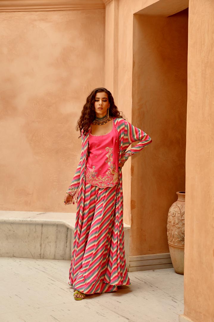 Image of Hot pink Indie-leheriya magzi kali jacket and sharara with heritage kurti.