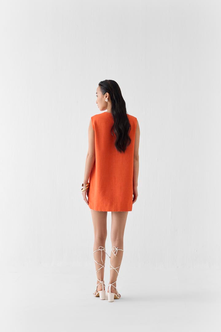 Sahara Dawn Hand Embroidered Linen Short Dress in Orange