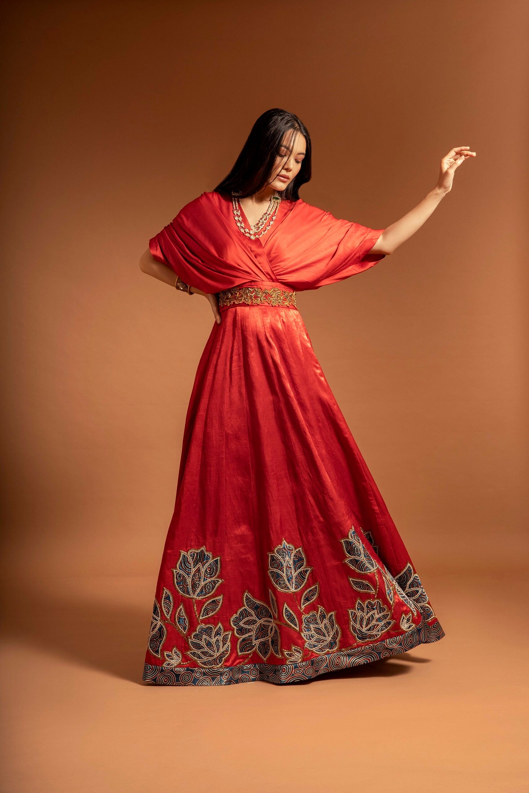 Red ajrakh embroidered gown