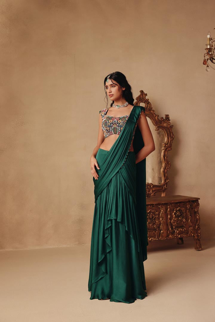 Green Hand Embroidered Drape Saree