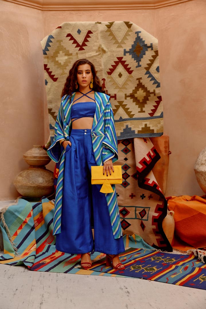 Image of Cobalt Blue Indi-leheriya Trench with bandue top and papa pants.