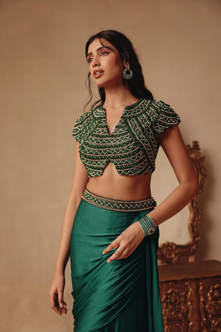 Emerald Cocktail Hand embroidered Drape Skirt set