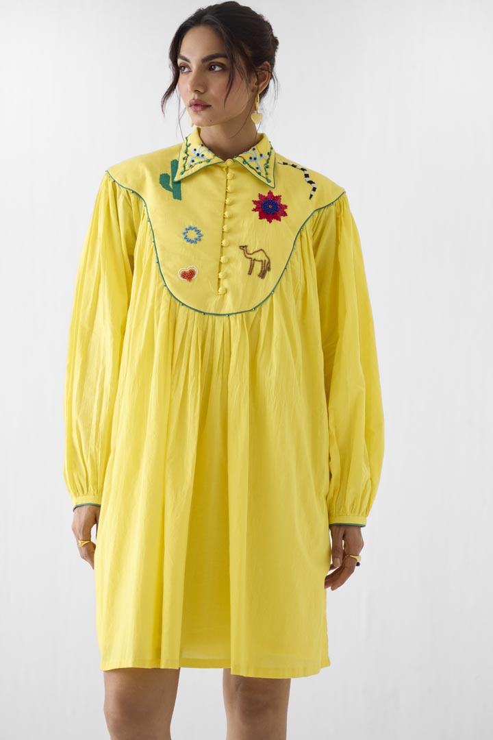 Peela Mulmul Hand-Embroidered Yellow Summer Dress with Potli Buttons