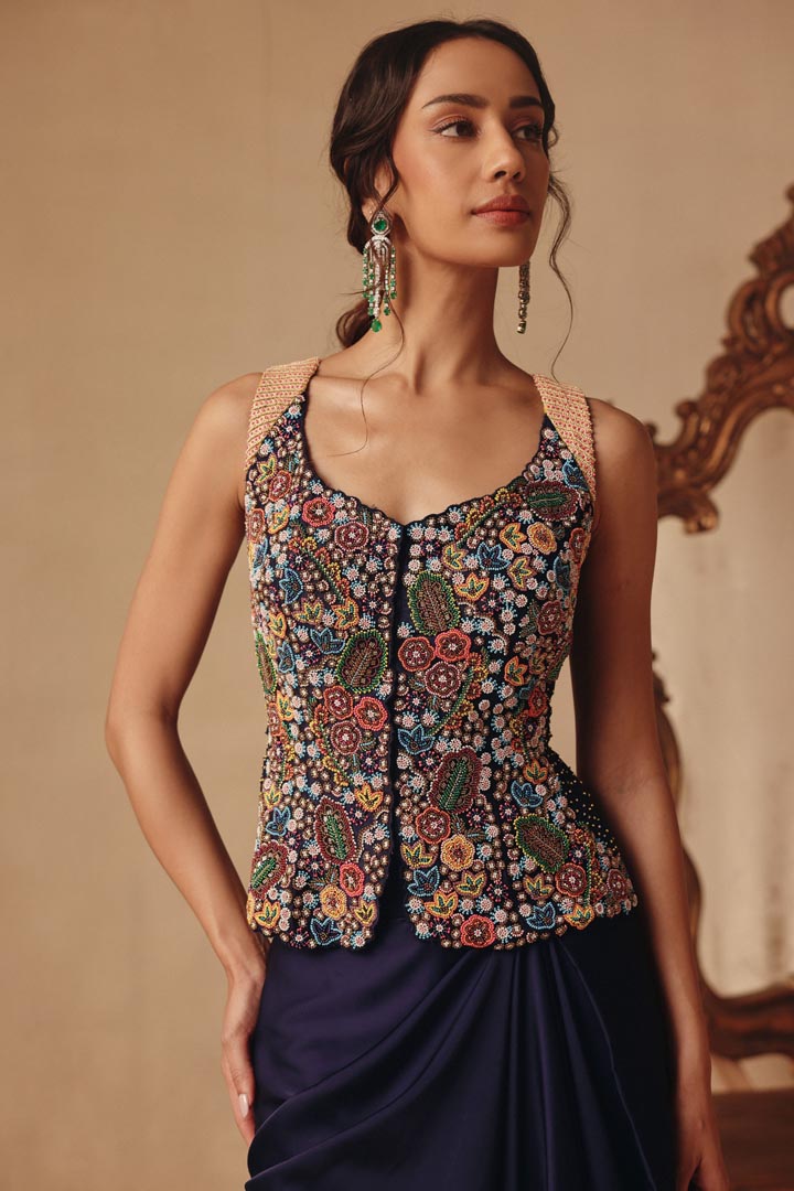 Elegant Dhoti Skirt with Long Blouse Hand embroidery Dori Back