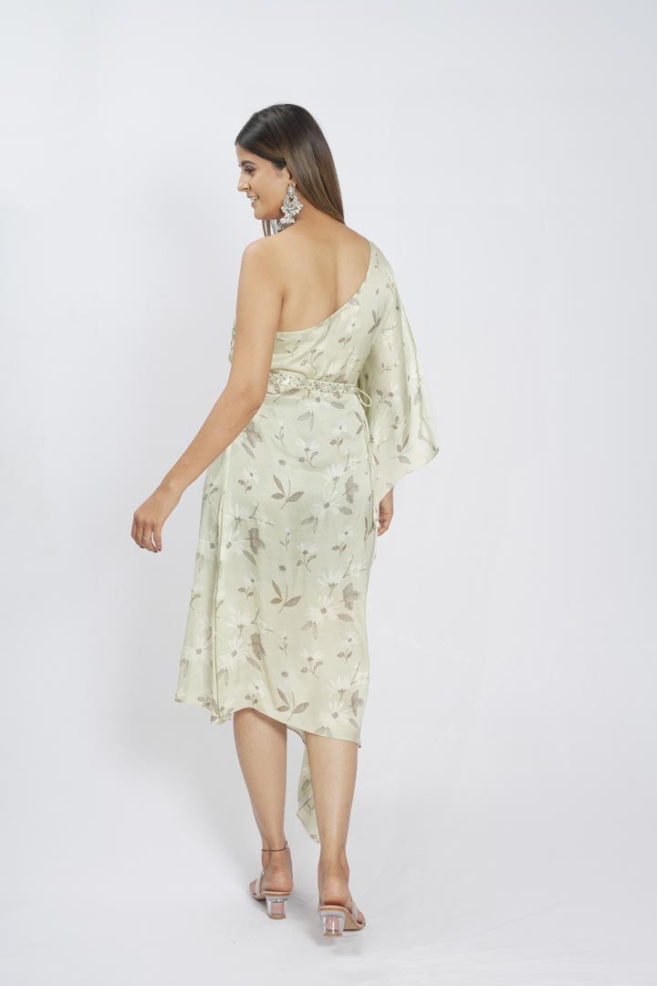 Pastel Green Embroidered Kaftan With Belt