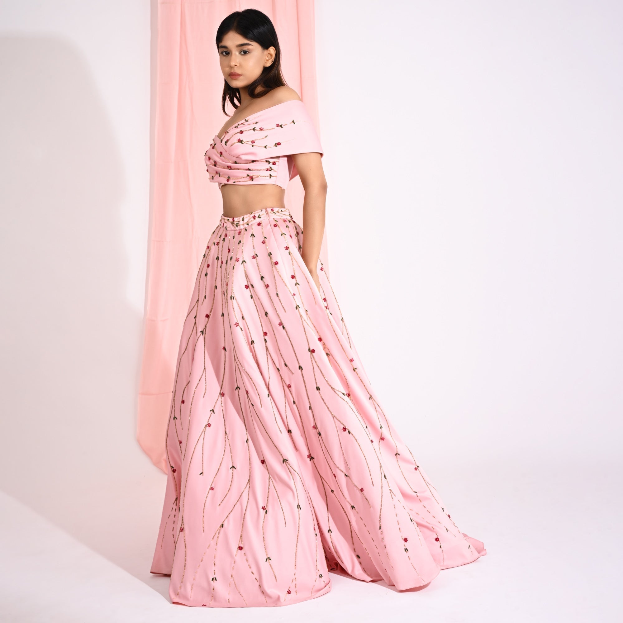 Embellished Peaches Pink Of Shoulder Lehenga Set