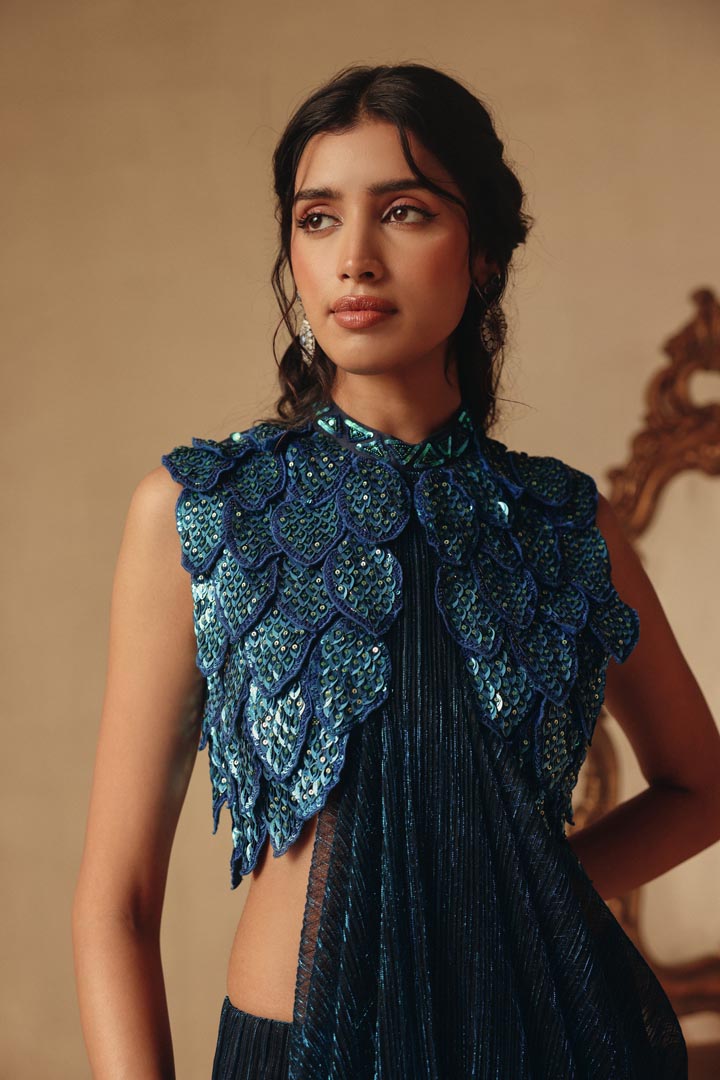 Blue Hand Embroidered Feathers Drape Saree Gown