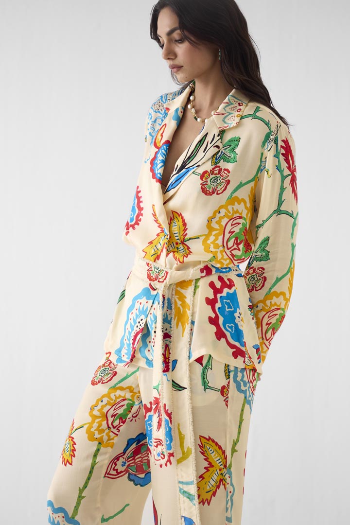 Sanganer Print Vegan Silk Blazer Shirt and Trousers Co-ord Set